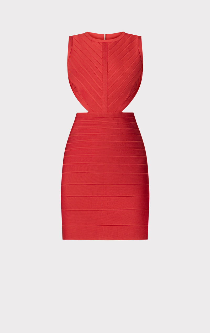 Herve Leger, Rasperry red bodycon dress with black stripe on the back in  size M. - Unique Designer Pieces