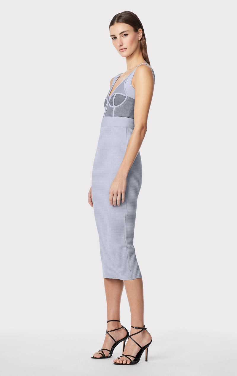SHEER LAYERED BUSTIER MIDI DRESS